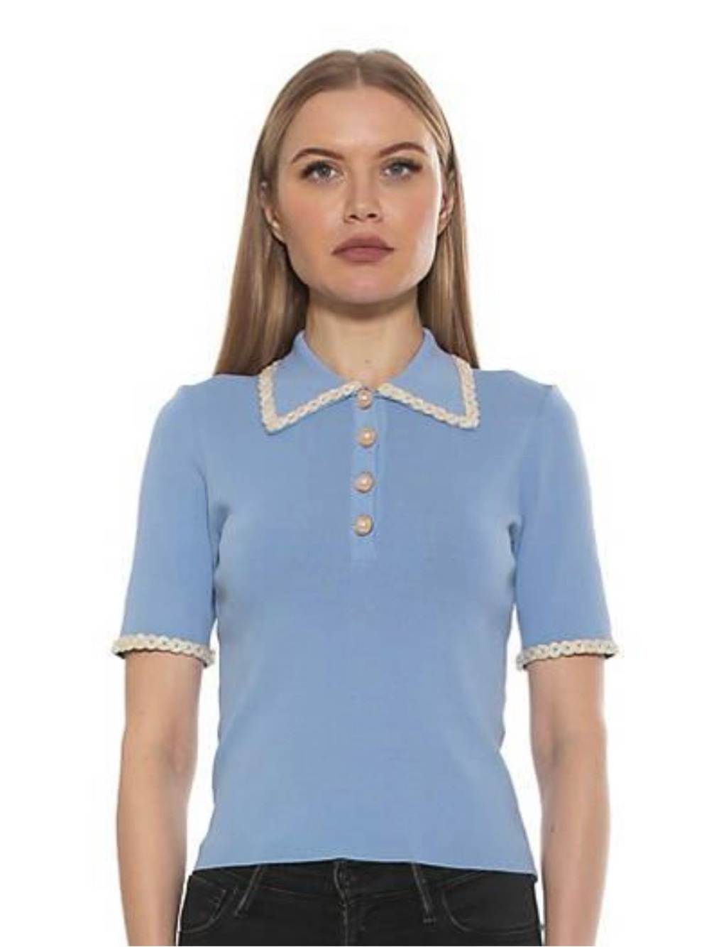 Alexia Admor Light Blue Knit Polo, Pearl Buttons Braided Trim Top, Size L